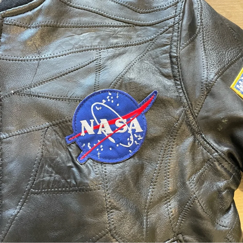 NASA Alpha Industries Black Leather Bomber Jacket. Size YM